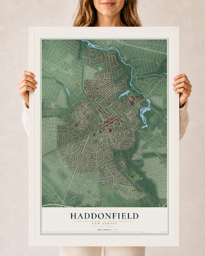 Haddonfield, New Jersey map print, 24" x 36" W/ White Ayous Wood Frame mockup