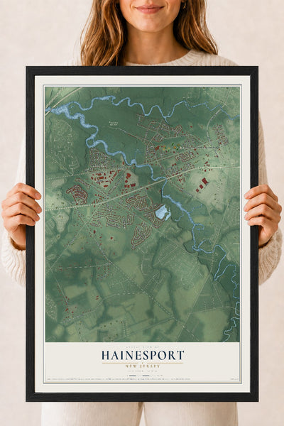 Hainesport, New Jersey map print, 18" x 24" W/ Black Ayous Wood Frame mockup