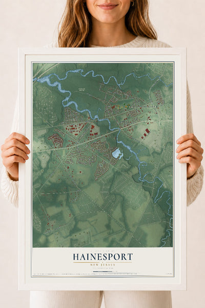 Hainesport, New Jersey map print, 18" x 24" W/ White Ayous Wood Frame mockup