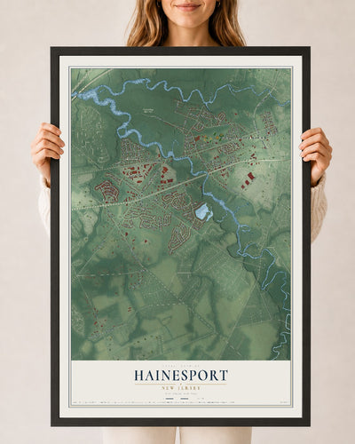 Hainesport, New Jersey map print, 24" x 36" W/ Black Ayous Wood Frame mockup