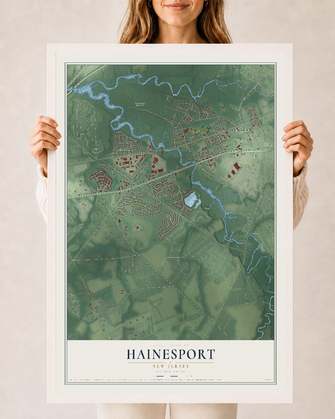 Hainesport, New Jersey map print, 24" x 36" W/ White Ayous Wood Frame mockup