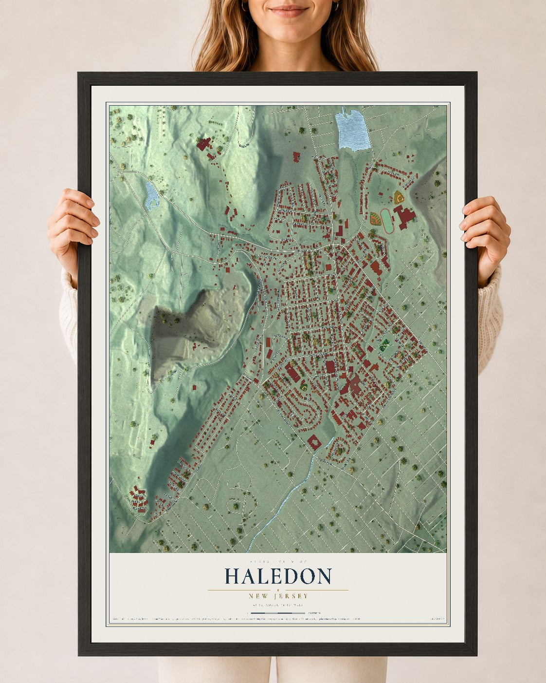 Haledon, New Jersey map print, 24" x 36" W/ Black Ayous Wood Frame mockup