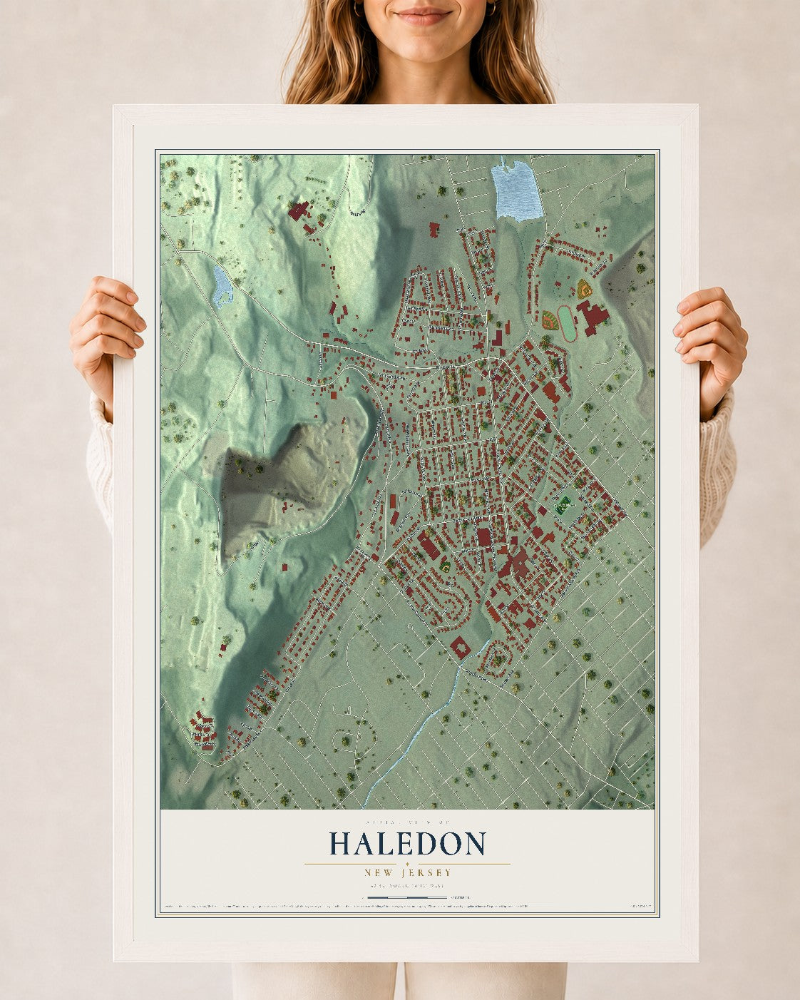 Haledon, New Jersey map print, 24" x 36" W/ White Ayous Wood Frame mockup