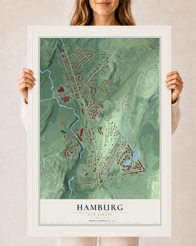 Hamburg, New Jersey map print, 24" x 36" W/ White Ayous Wood Frame mockup