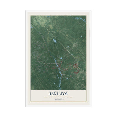 Hamilton, New Jersey map print, 12" x 18" W/ White Ayous Wood Frame mockup