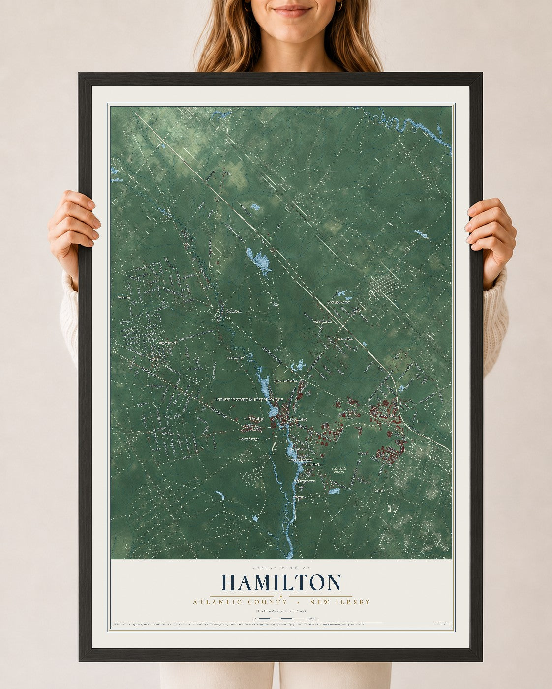 Hamilton, New Jersey map print, 24" x 36" W/ Black Ayous Wood Frame mockup