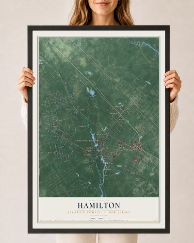 Hamilton, New Jersey map print, 24" x 36" W/ Black Ayous Wood Frame mockup