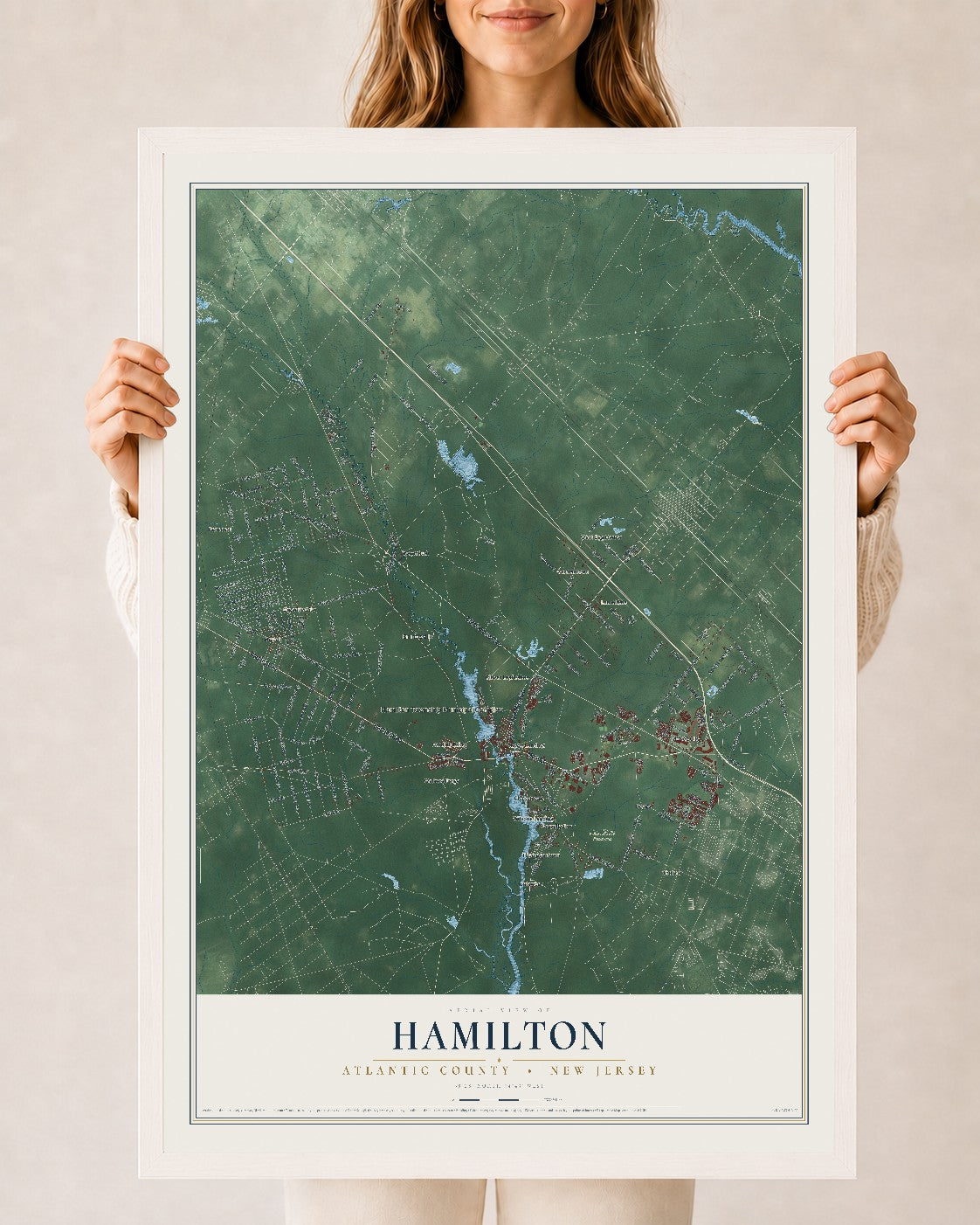 Hamilton, New Jersey map print, 24" x 36" W/ White Ayous Wood Frame mockup