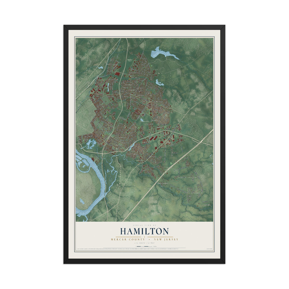 Hamilton, New Jersey map print, 12" x 18" W/ Black Ayous Wood Frame mockup