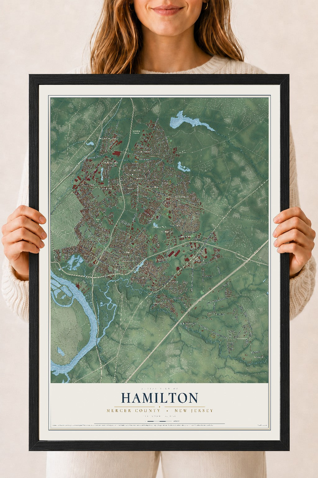 Hamilton, New Jersey map print, 18" x 24" W/ Black Ayous Wood Frame mockup