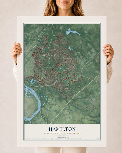Hamilton, New Jersey map print, 24" x 36" W/ White Ayous Wood Frame mockup
