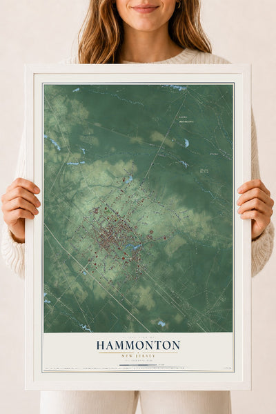 Hammonton, New Jersey map print, 18" x 24" W/ White Ayous Wood Frame mockup