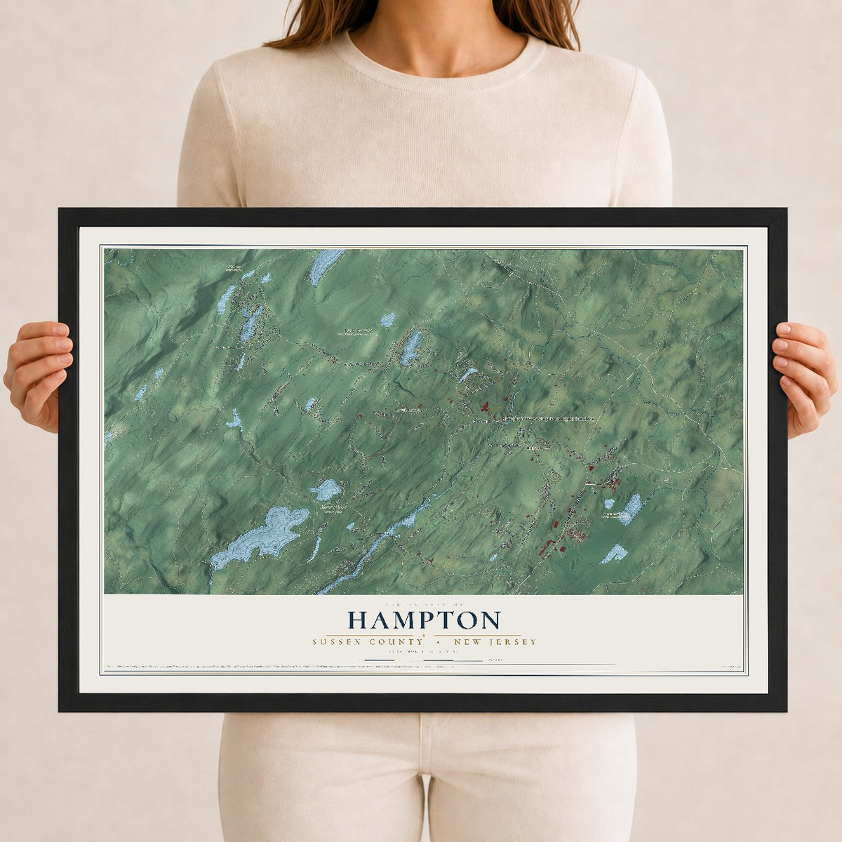 Hampton, New Jersey map print, 12" x 18" W/ Black Ayous Wood Frame mockup