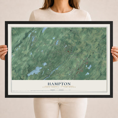 Hampton, New Jersey map print, 18" x 24" W/ Black Ayous Wood Frame mockup