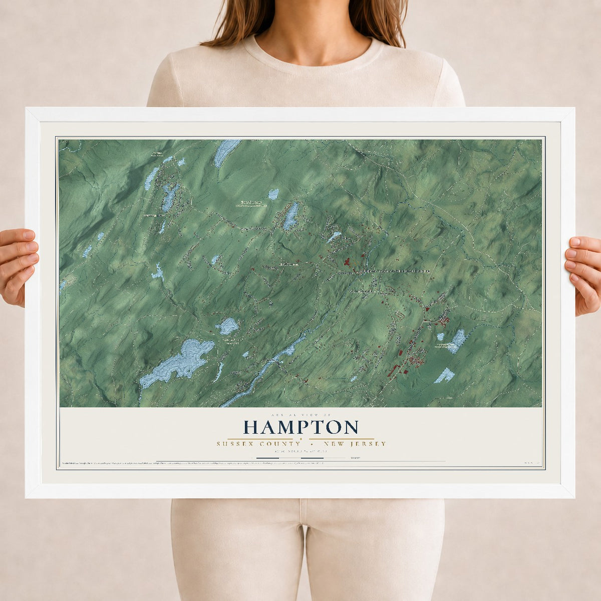 Hampton, New Jersey map print, 18" x 24" W/ White Ayous Wood Frame mockup