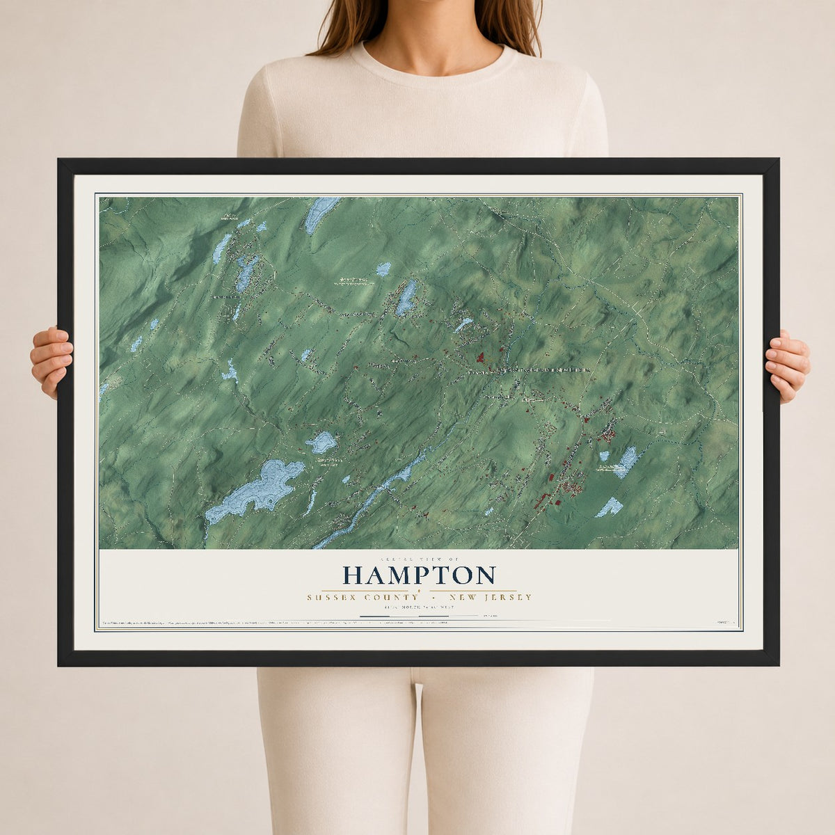 Hampton, New Jersey map print, 24" x 36" W/ Black Ayous Wood Frame mockup