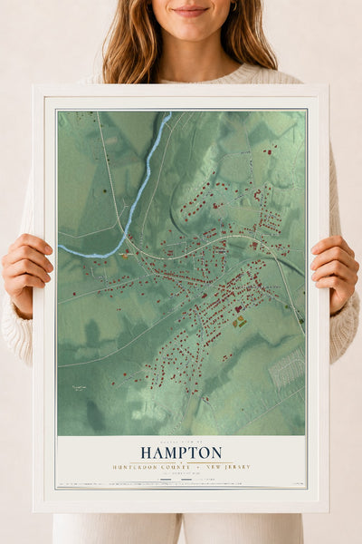 Hampton, New Jersey map print, 18" x 24" W/ White Ayous Wood Frame mockup