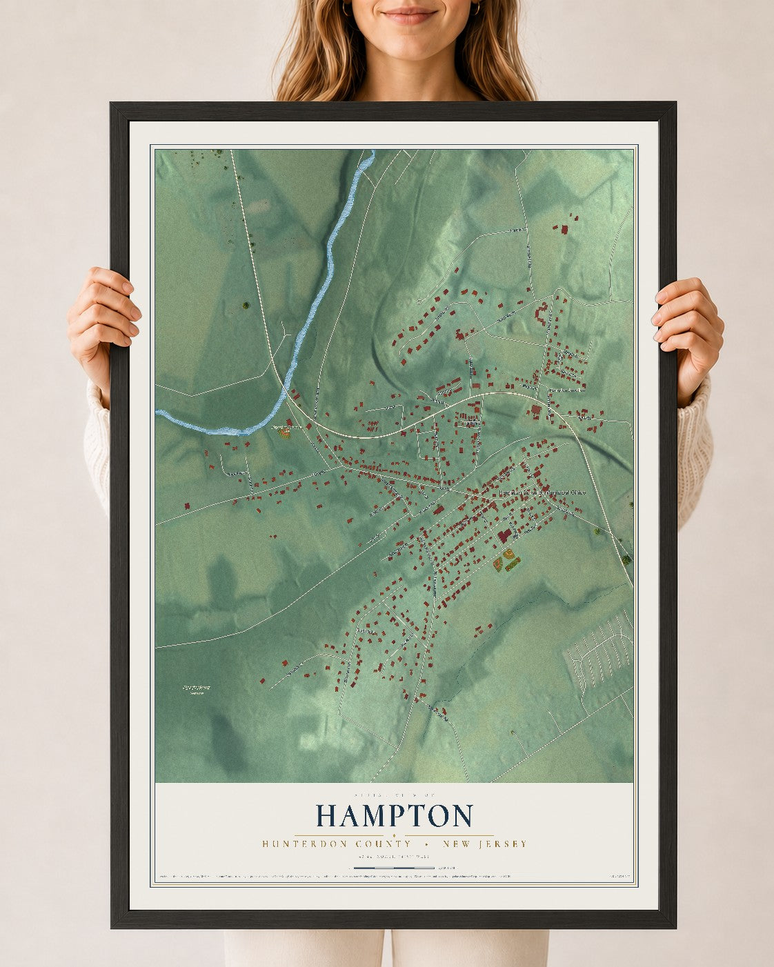 Hampton, New Jersey map print, 24" x 36" W/ Black Ayous Wood Frame mockup