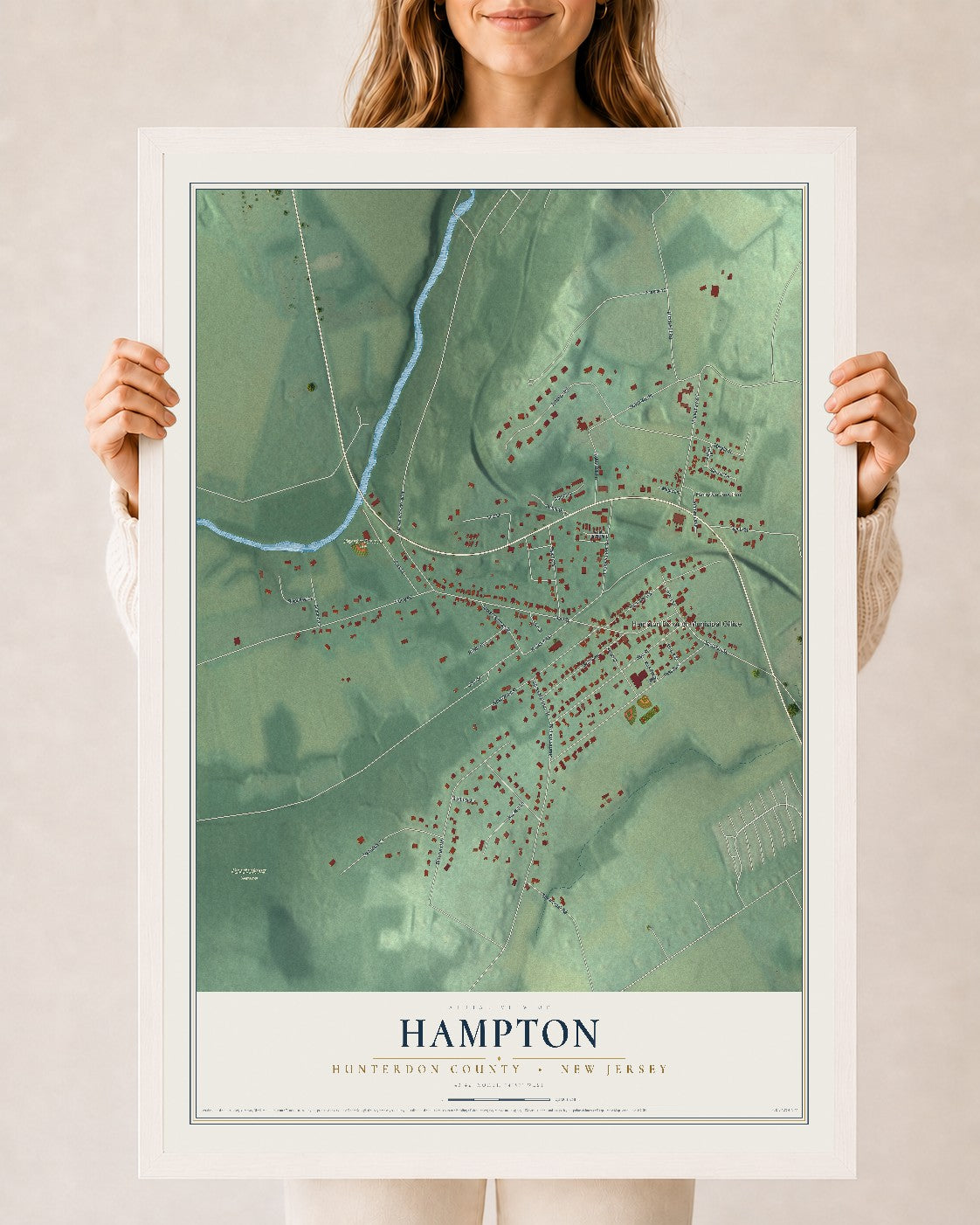 Hampton, New Jersey map print, 24" x 36" W/ White Ayous Wood Frame mockup