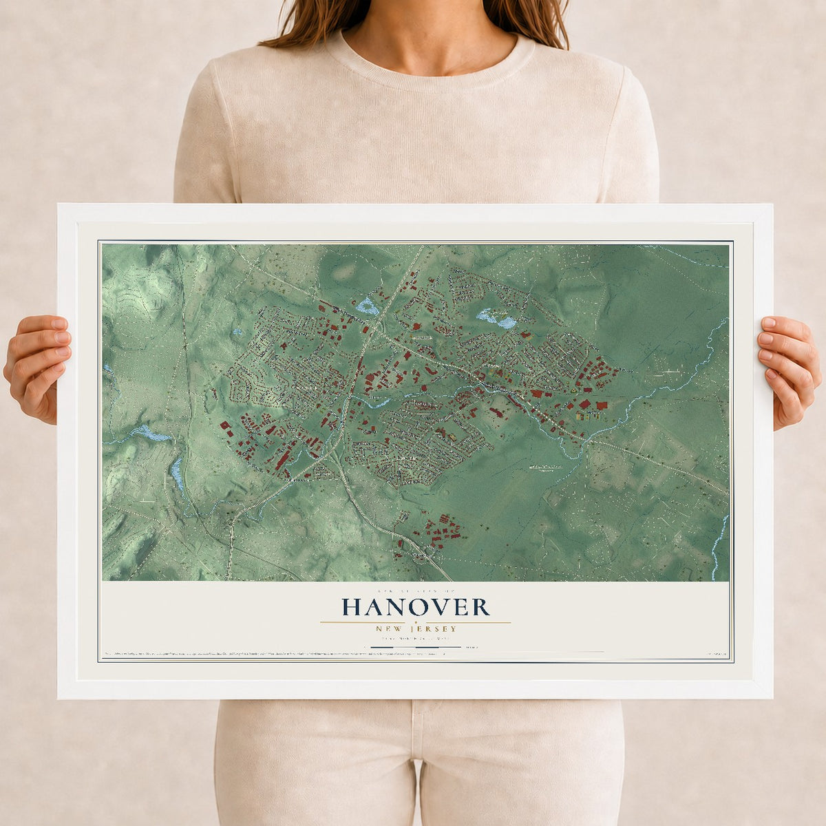 Hanover, New Jersey map print, 12" x 18" W/ White Ayous Wood Frame mockup