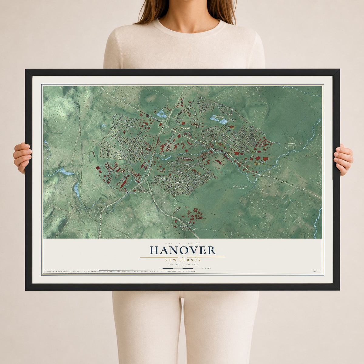 Hanover, New Jersey map print, 24" x 36" W/ Black Ayous Wood Frame mockup