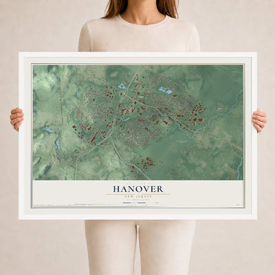 Hanover, New Jersey map print, 24" x 36" W/ White Ayous Wood Frame mockup