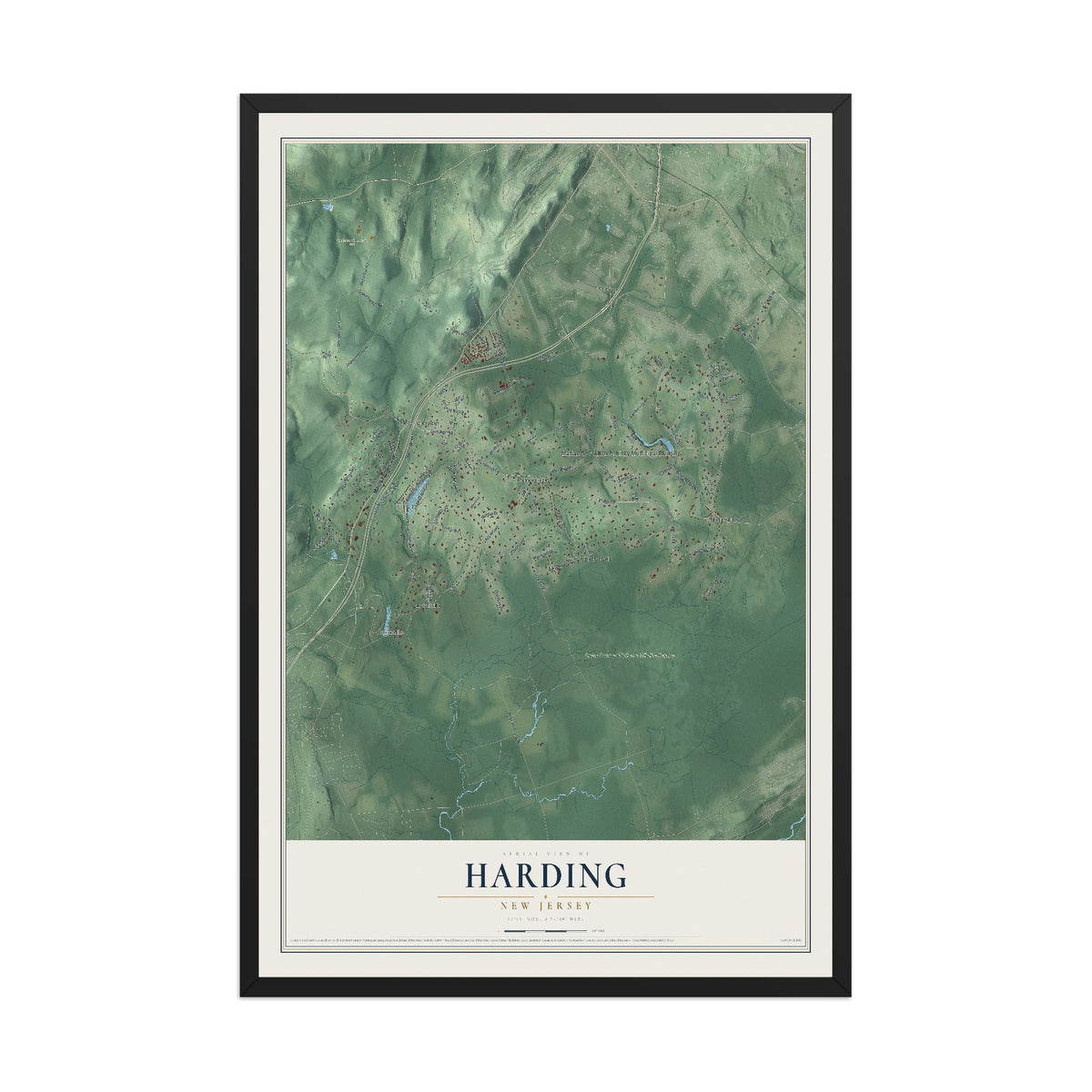 Harding, New Jersey map print, 12" x 18" W/ Black Ayous Wood Frame mockup
