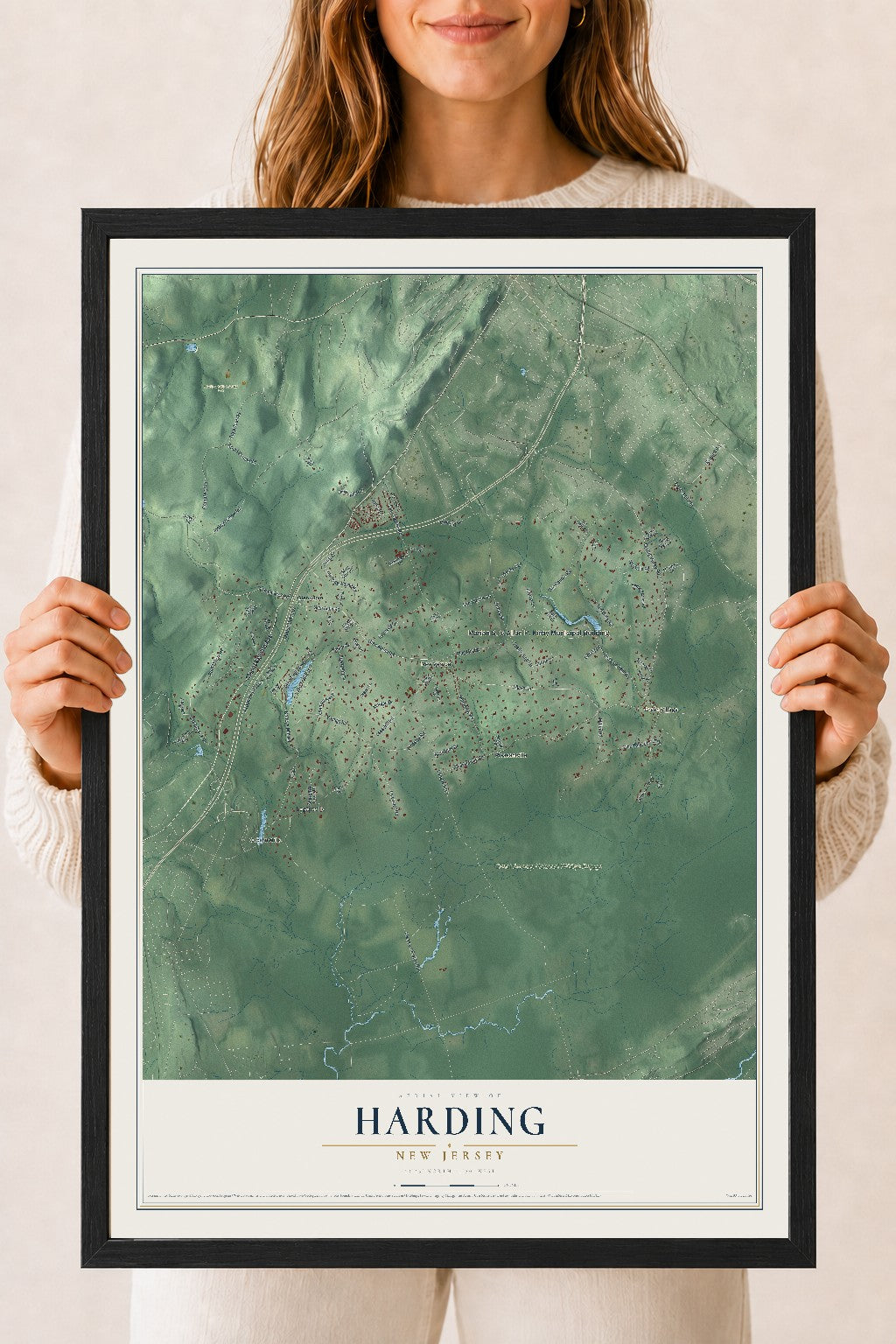 Harding, New Jersey map print, 18" x 24" W/ Black Ayous Wood Frame mockup