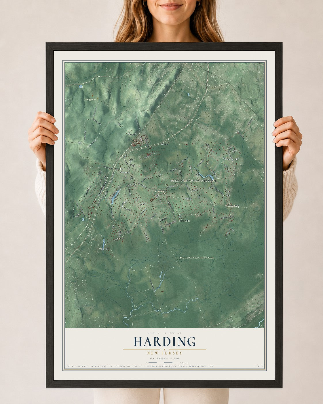 Harding, New Jersey map print, 24" x 36" W/ Black Ayous Wood Frame mockup