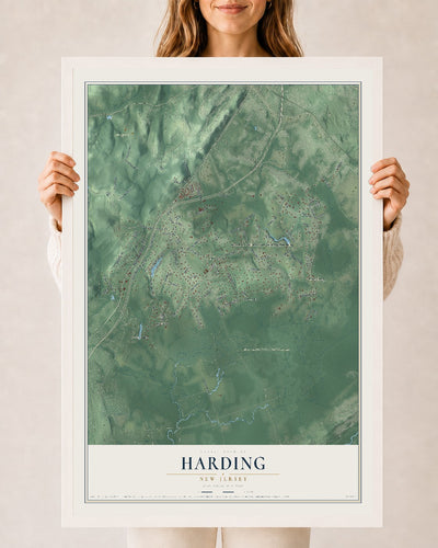 Harding, New Jersey map print, 24" x 36" W/ White Ayous Wood Frame mockup