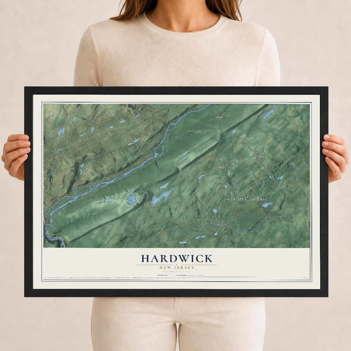 Hardwick, New Jersey map print, 12" x 18" W/ Black Ayous Wood Frame mockup