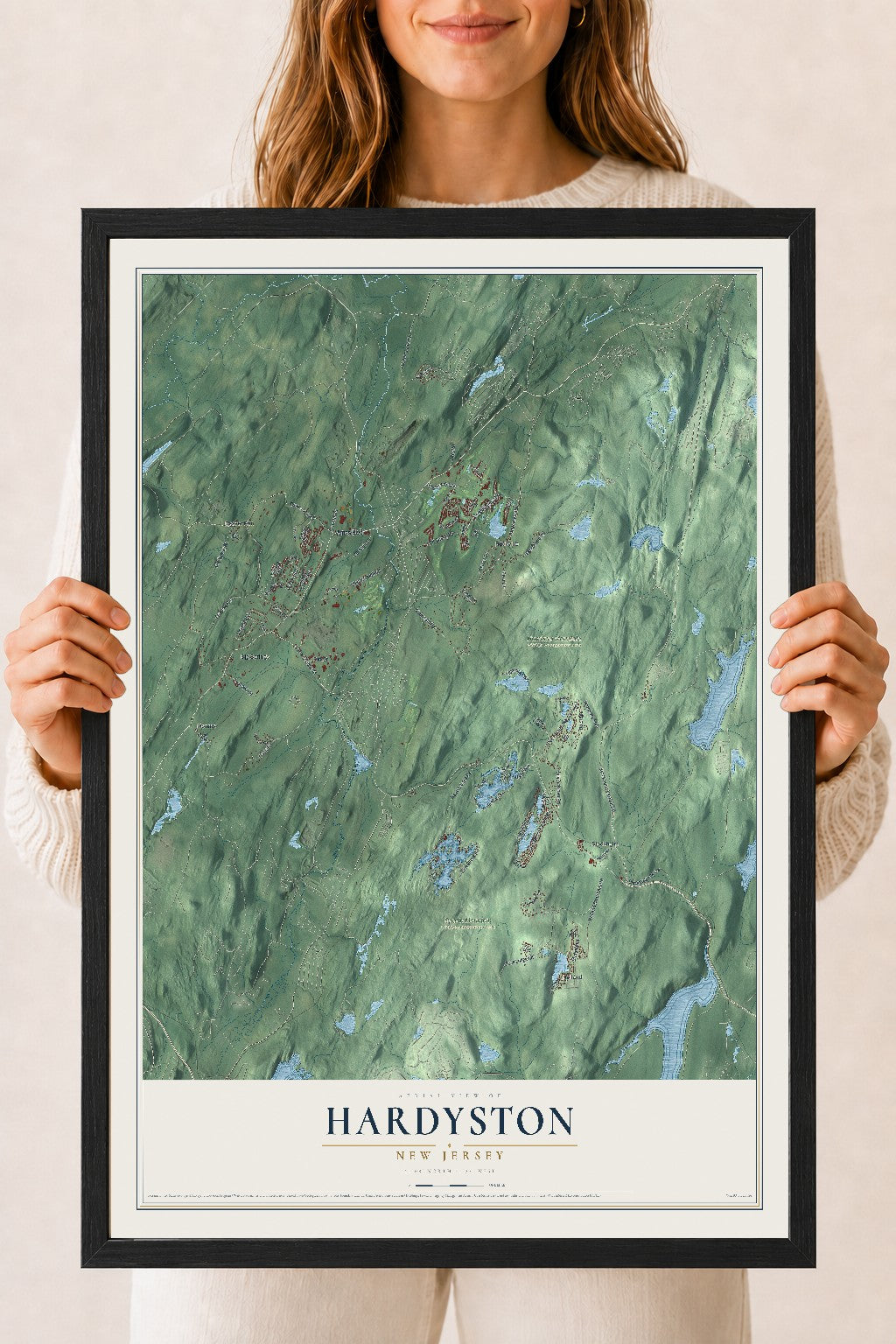 Hardyston, New Jersey map print, 18" x 24" W/ Black Ayous Wood Frame mockup