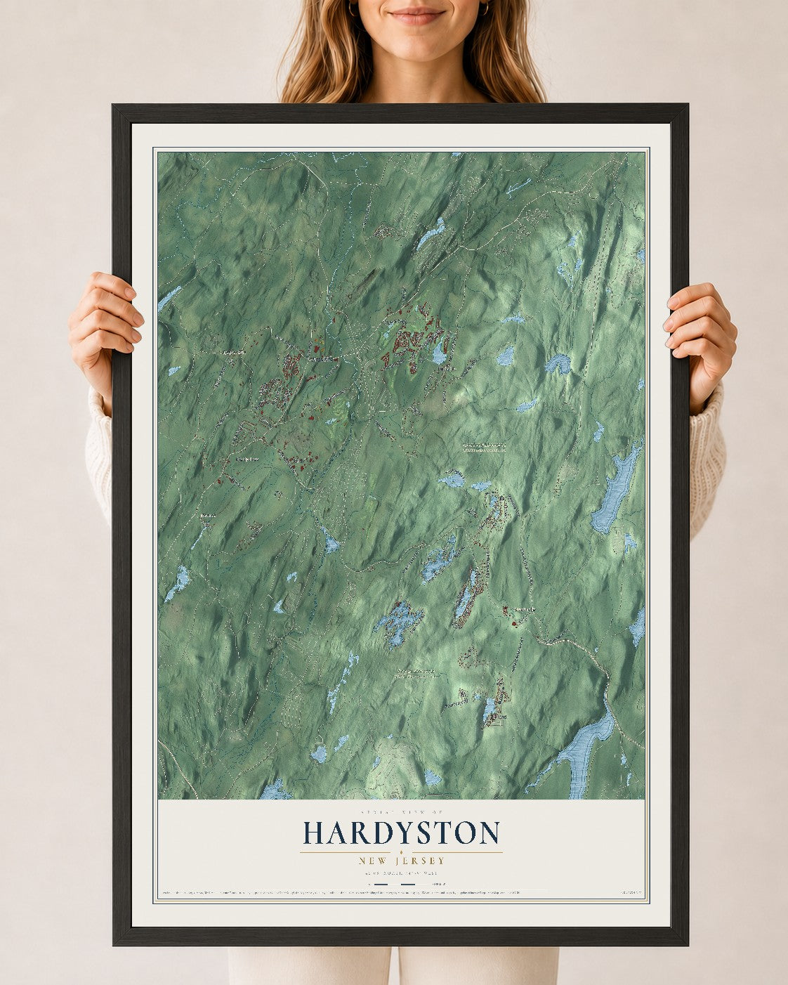 Hardyston, New Jersey map print, 24" x 36" W/ Black Ayous Wood Frame mockup