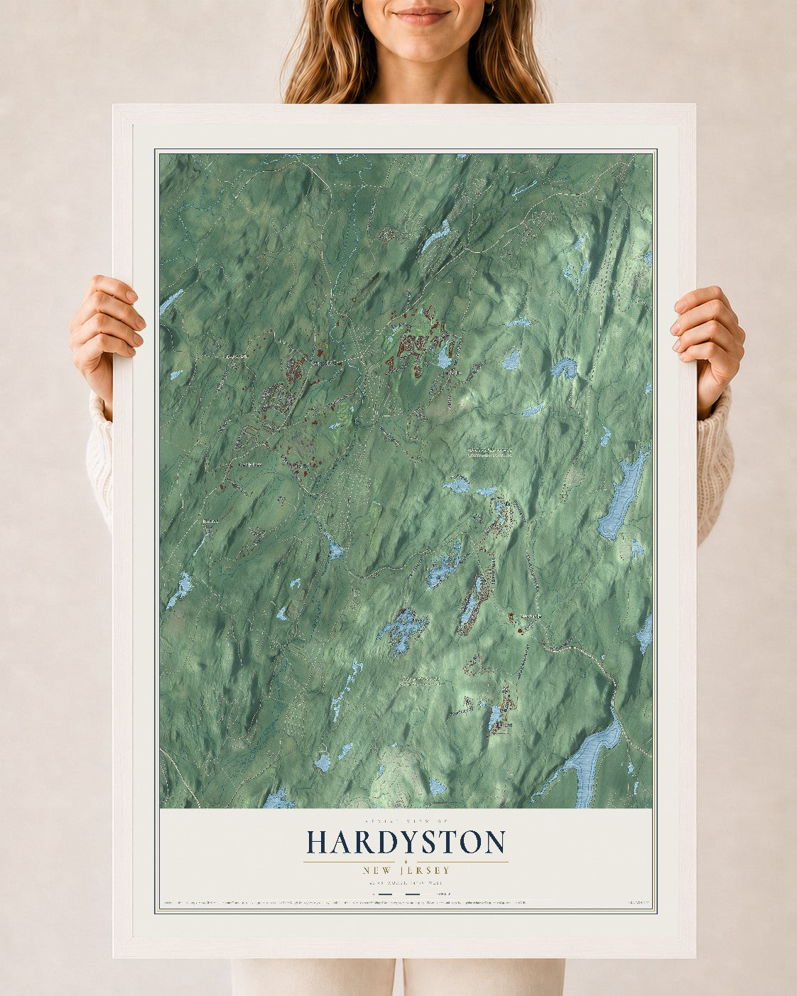 Hardyston, New Jersey map print, 24" x 36" W/ White Ayous Wood Frame mockup
