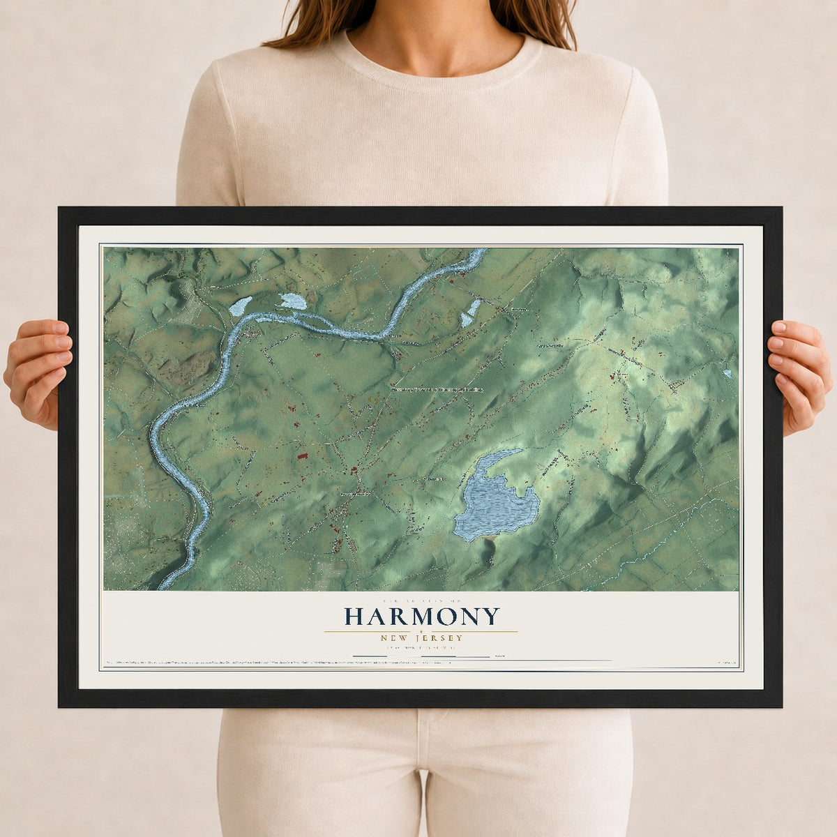 Harmony, New Jersey map print, 12" x 18" W/ Black Ayous Wood Frame mockup