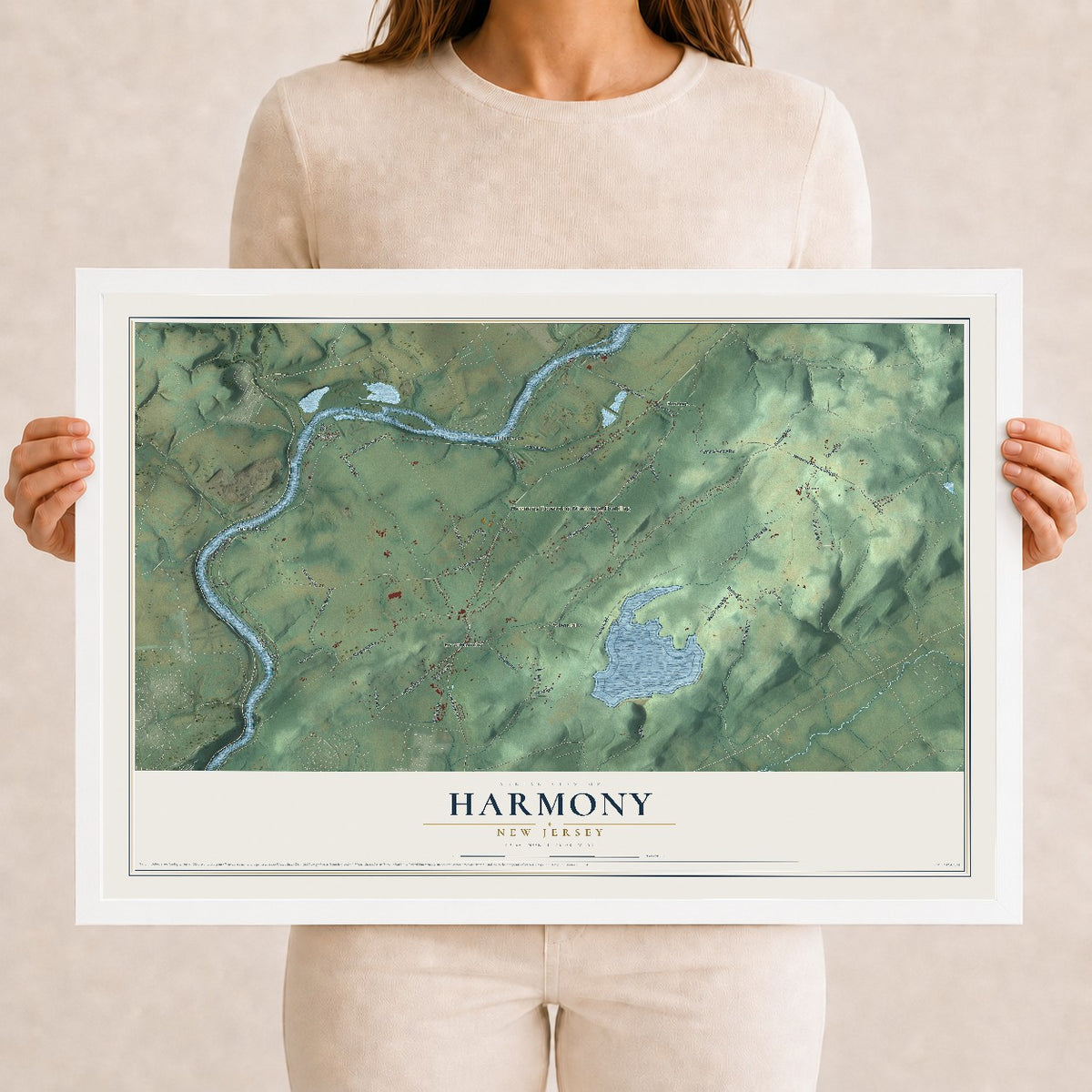Harmony, New Jersey map print, 12" x 18" W/ White Ayous Wood Frame mockup