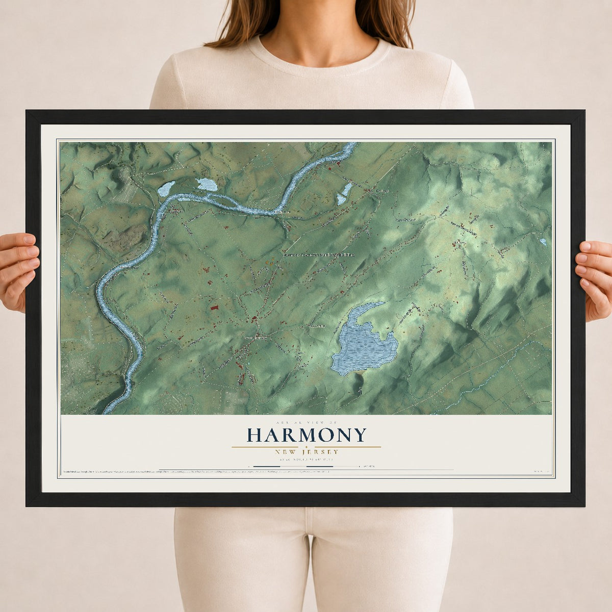 Harmony, New Jersey map print, 18" x 24" W/ Black Ayous Wood Frame mockup