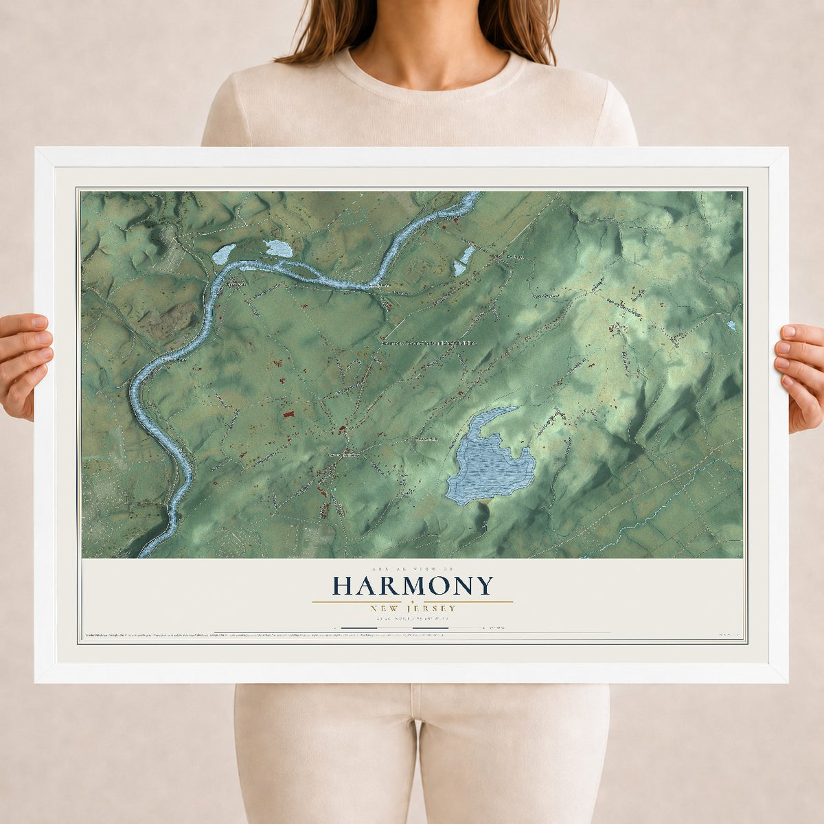 Harmony, New Jersey map print, 18" x 24" W/ White Ayous Wood Frame mockup