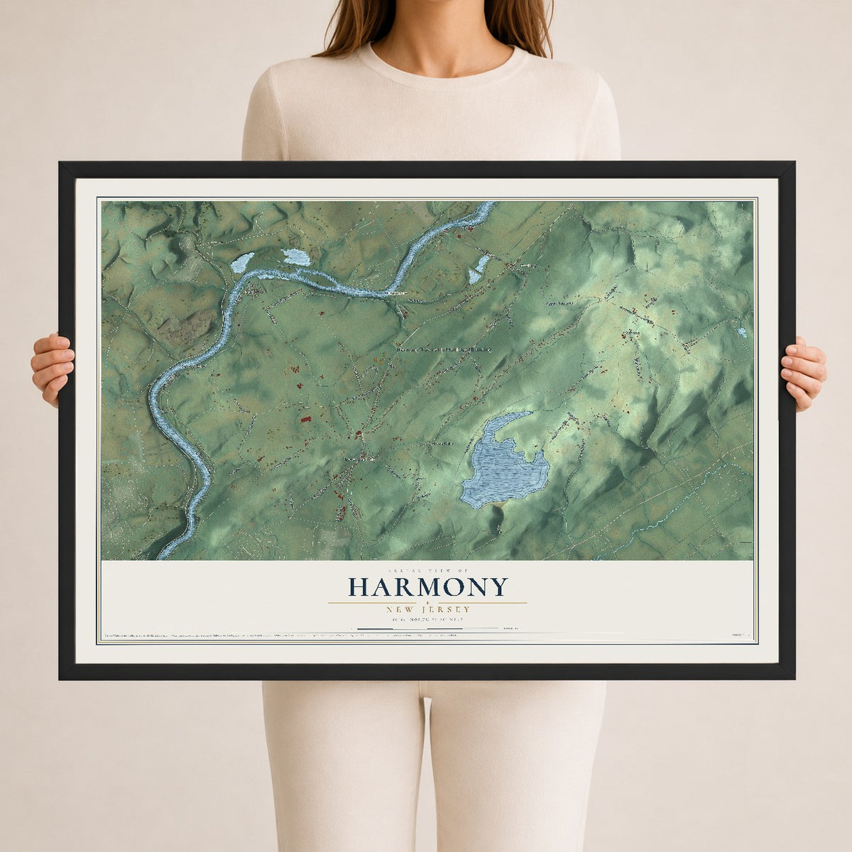 Harmony, New Jersey map print, 24" x 36" W/ Black Ayous Wood Frame mockup
