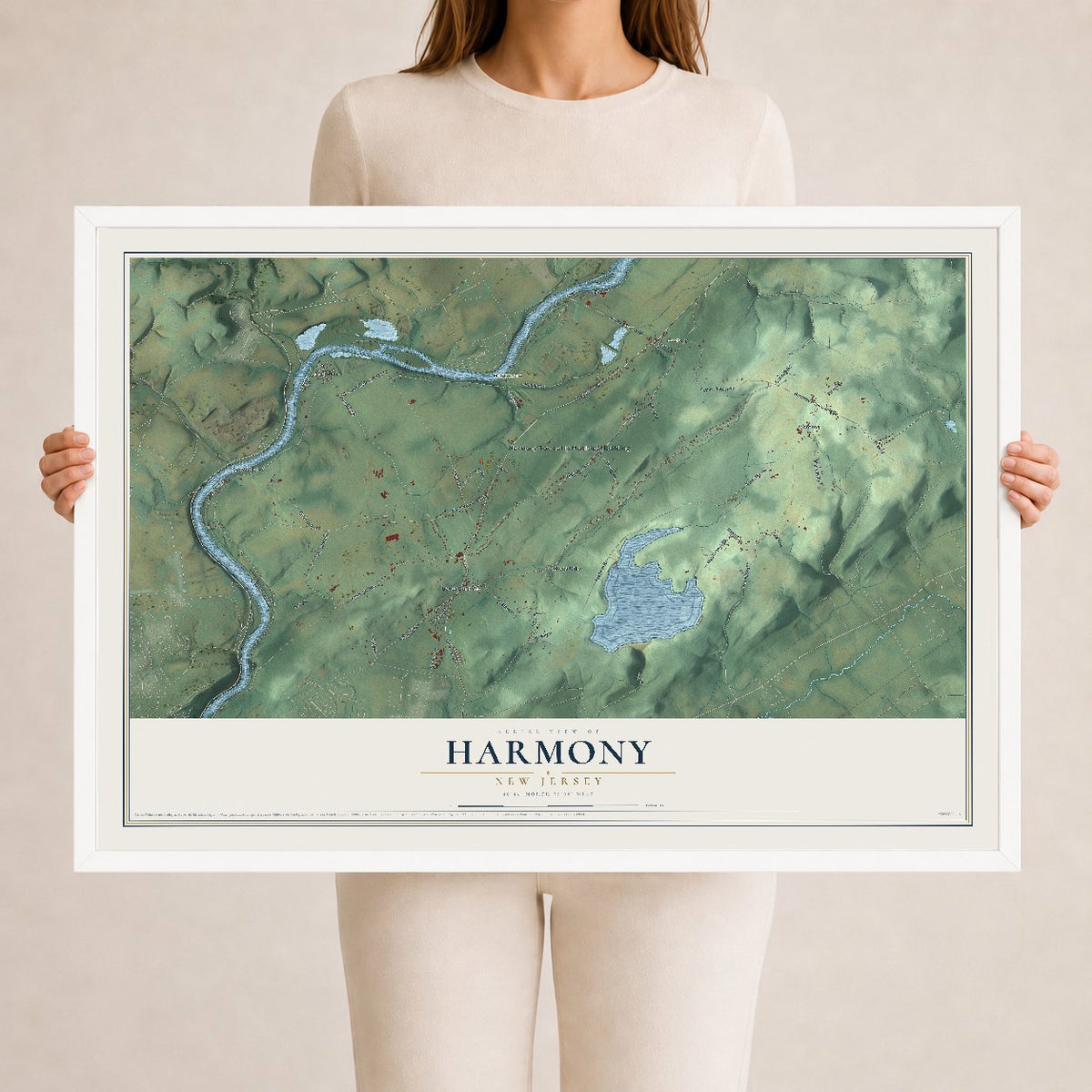 Harmony, New Jersey map print, 24" x 36" W/ White Ayous Wood Frame mockup