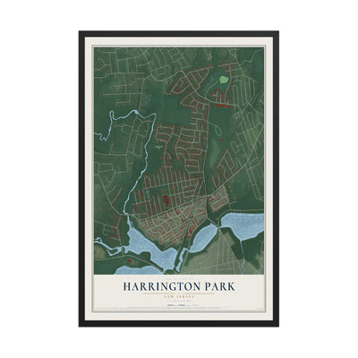 Harrington Park, New Jersey map print, 12" x 18" W/ Black Ayous Wood Frame mockup