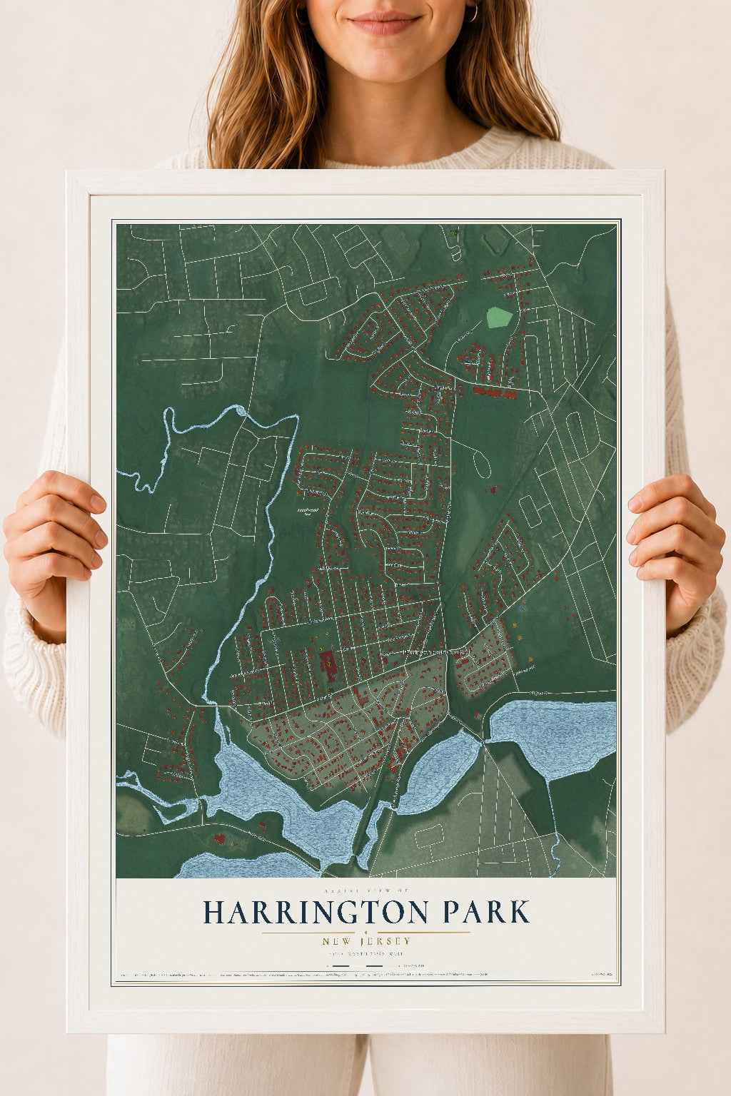 Harrington Park, New Jersey map print, 18" x 24" W/ White Ayous Wood Frame mockup