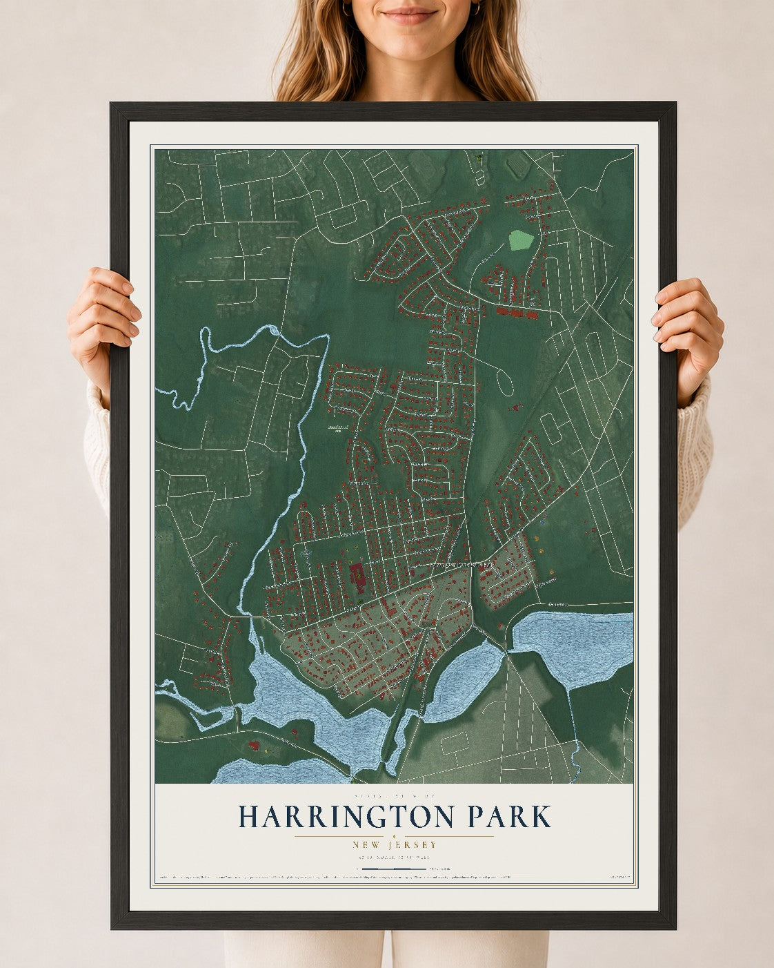 Harrington Park, New Jersey map print, 24" x 36" W/ Black Ayous Wood Frame mockup