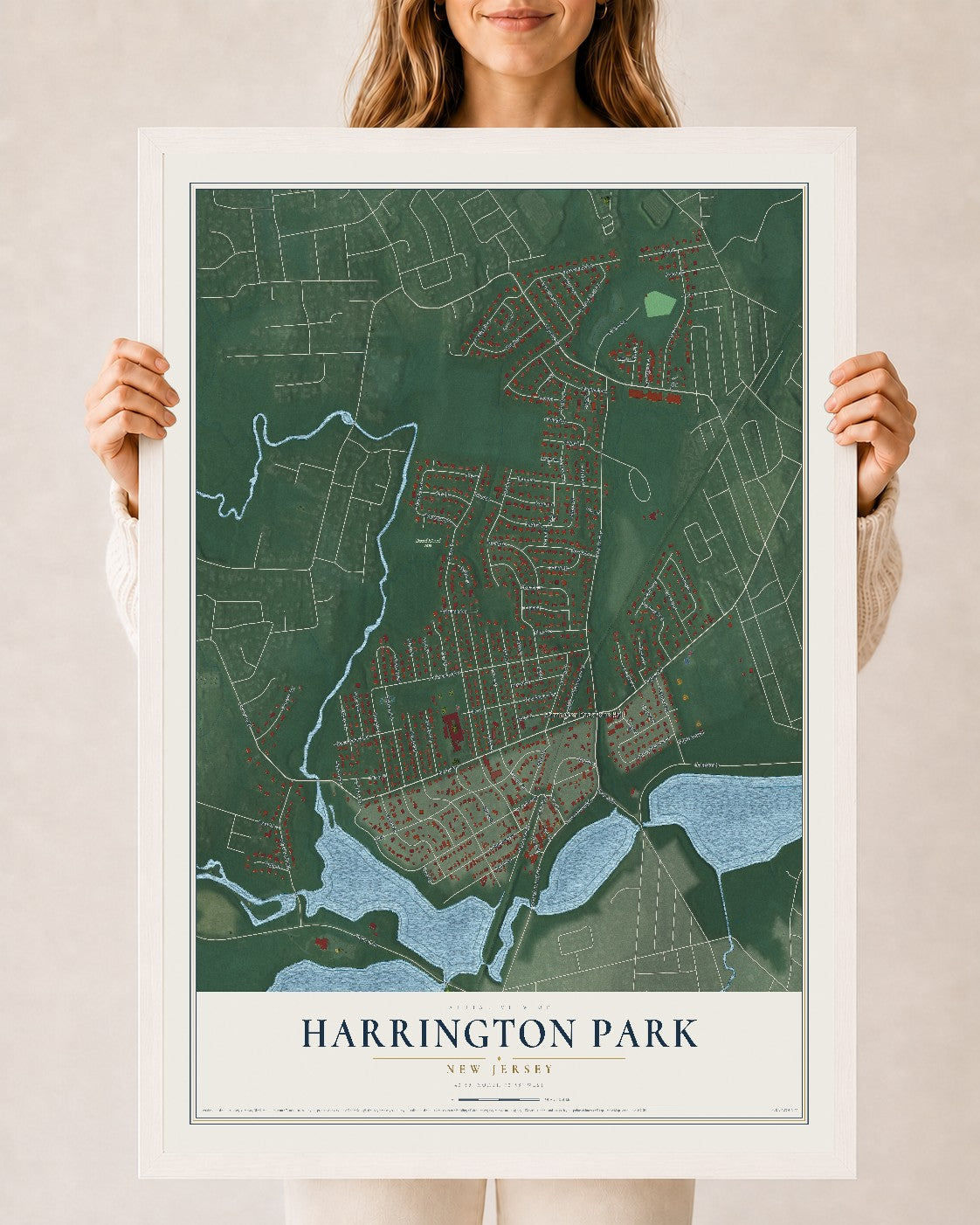 Harrington Park, New Jersey map print, 24" x 36" W/ White Ayous Wood Frame mockup