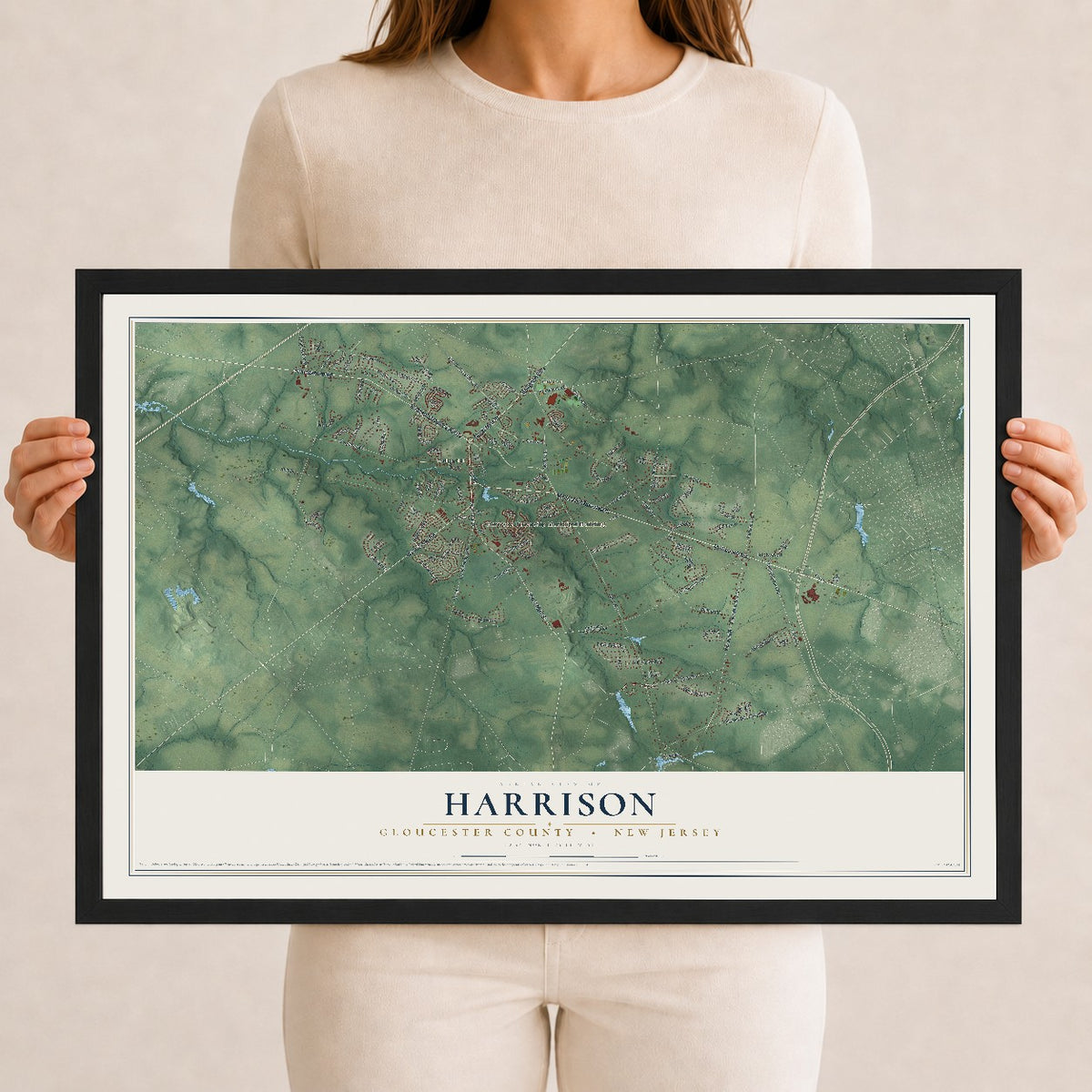 Harrison, New Jersey map print, 12" x 18" W/ Black Ayous Wood Frame mockup