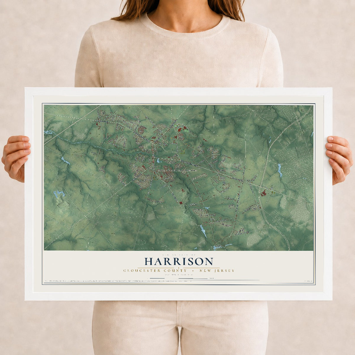 Harrison, New Jersey map print, 12" x 18" W/ White Ayous Wood Frame mockup