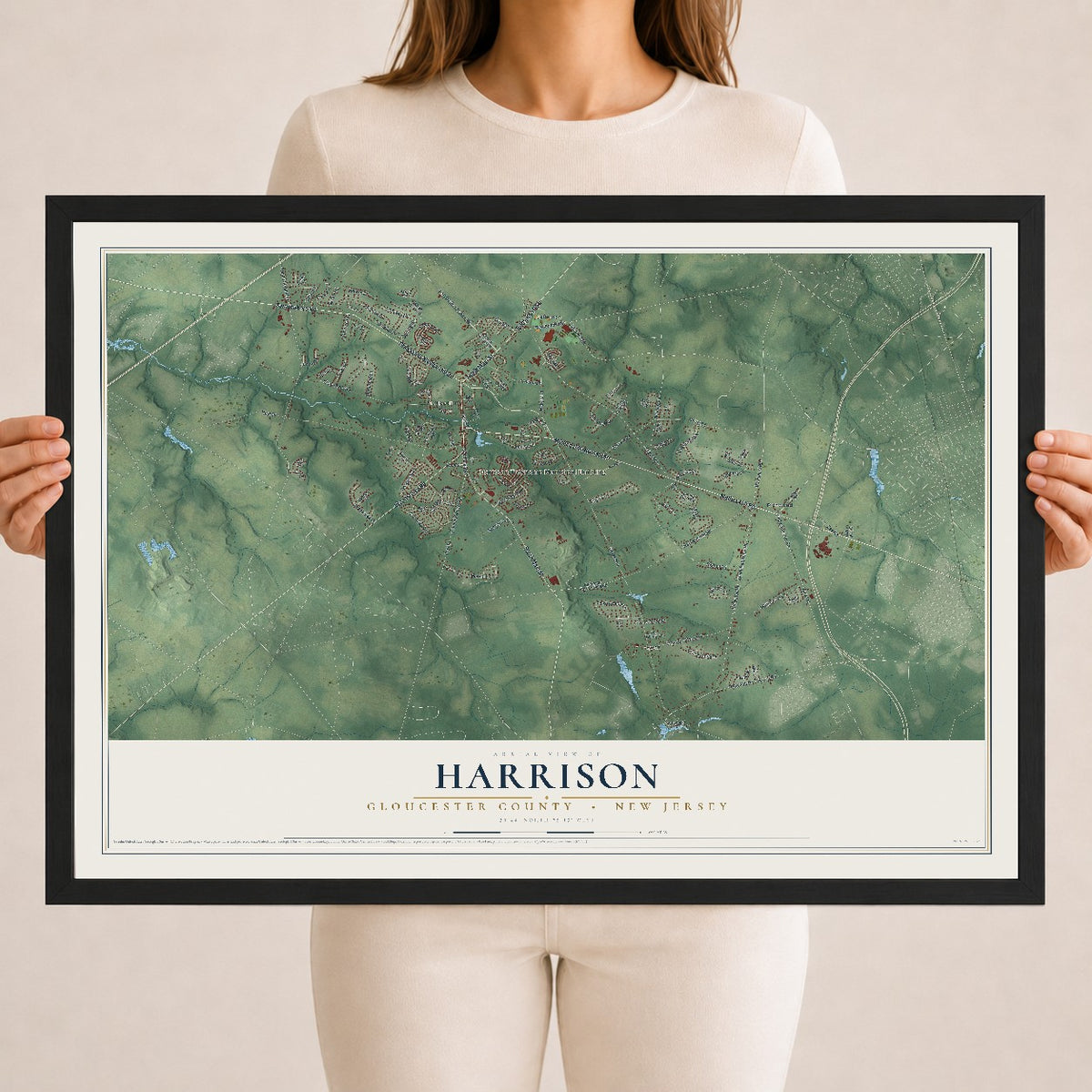 Harrison, New Jersey map print, 18" x 24" W/ Black Ayous Wood Frame mockup