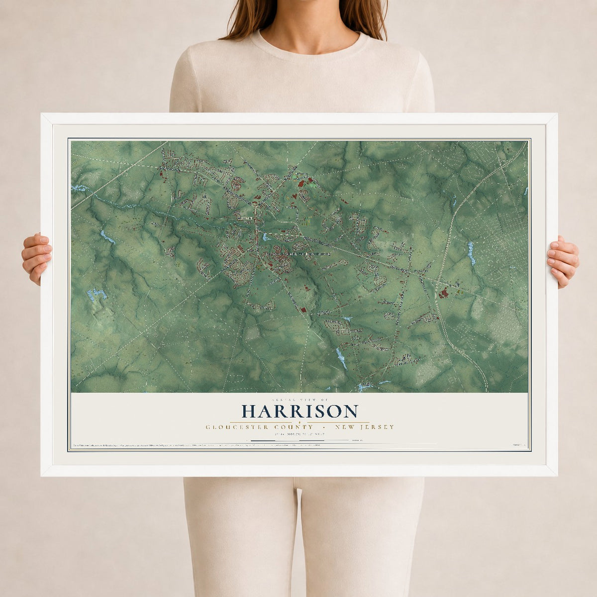 Harrison, New Jersey map print, 24" x 36" W/ White Ayous Wood Frame mockup