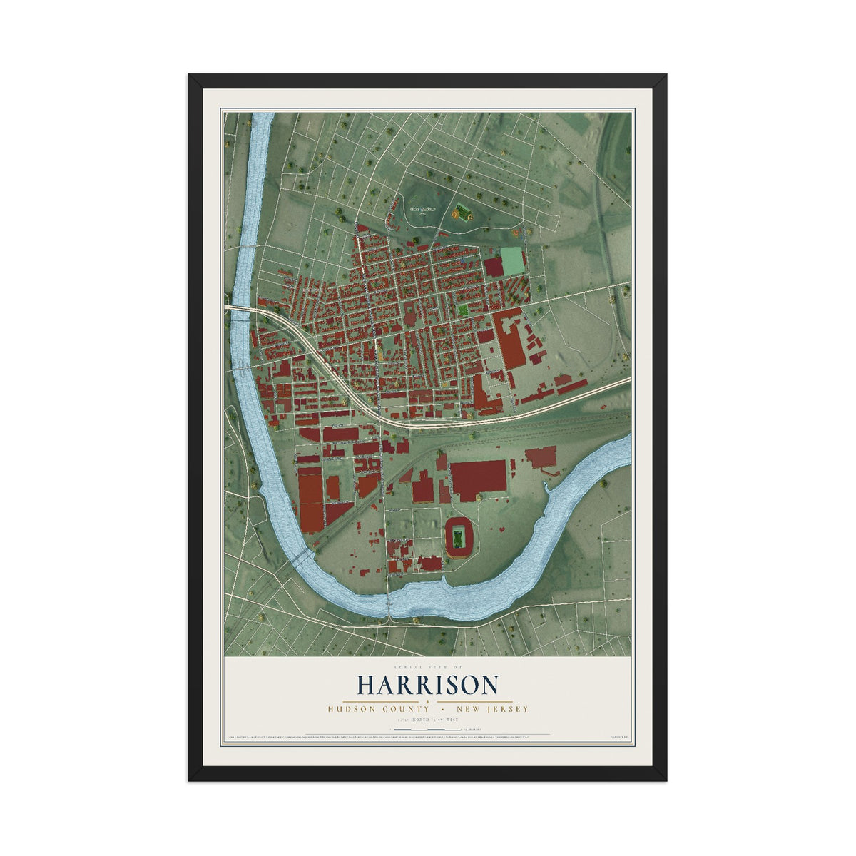 Harrison, New Jersey map print, 12" x 18" W/ Black Ayous Wood Frame mockup