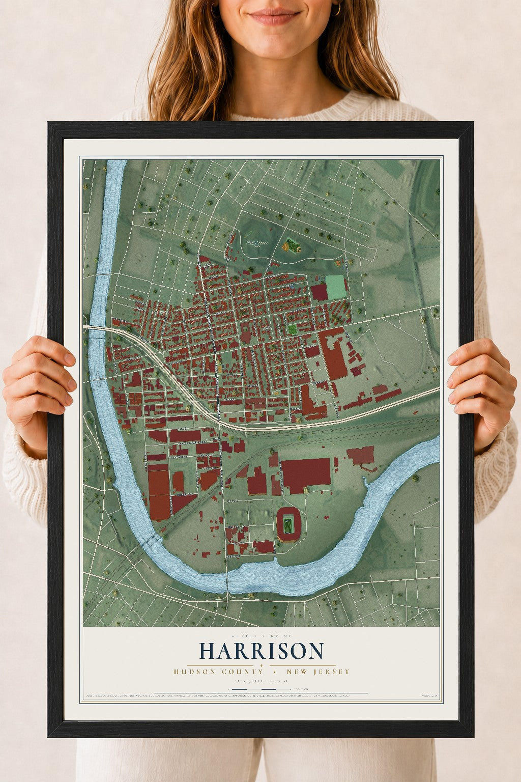 Harrison, New Jersey map print, 18" x 24" W/ Black Ayous Wood Frame mockup